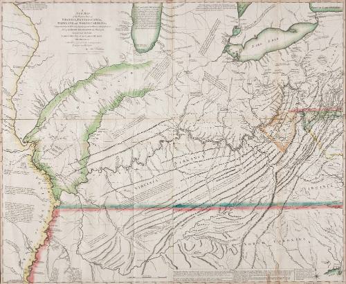 A/ NEW MAP/ of the Western Parts of/ VIRGINIA, PENNSYLVANIA,/ MARYLAND and NORTH CAROLINA;/ Comprehending the RIVER OHIO, and all the Rivers, which fall into it;/ Part of the RIVER MISSISSIPPI, the Whole of the/ ILLINOIS RIVER,/ LAKE ERIE...
