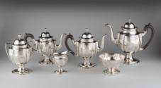 2020-249,4a&b, Sugar Dish shown with 2020-249,1, Coffeepot, 2020-249,2, Teapot, 2020-249,3, Tea…